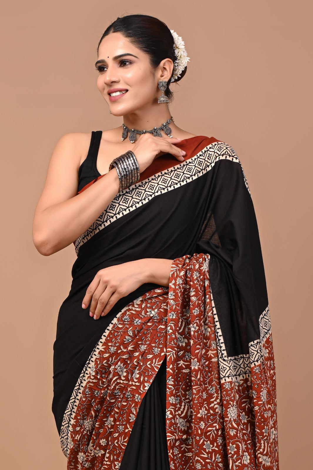 Jaipuri Printed Pure Cotton Mulmul Saree With Blouse