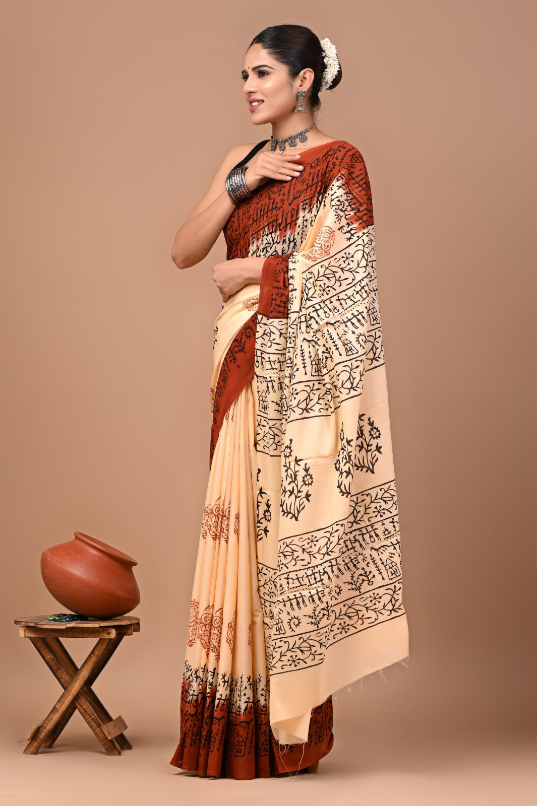 Jaipuri Printed Pure Cotton Mulmul Saree With Blouse