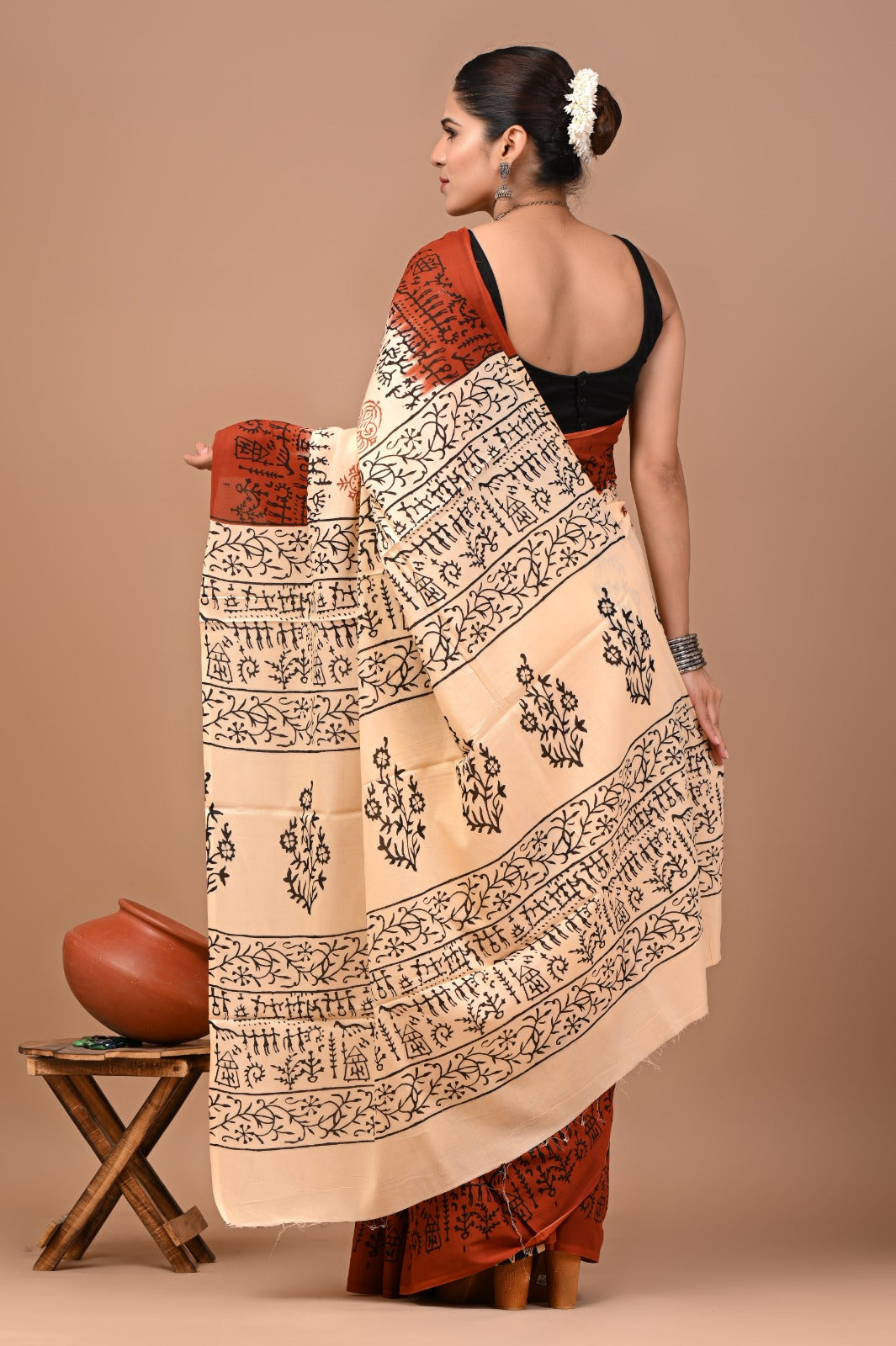 Jaipuri Printed Pure Cotton Mulmul Saree With Blouse
