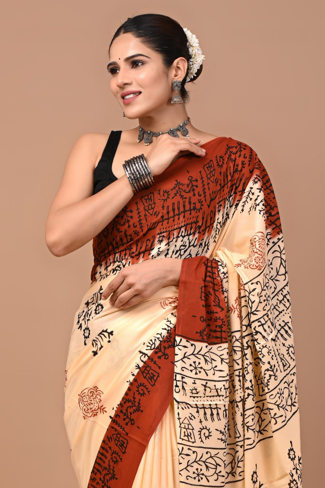 Jaipuri Printed Pure Cotton Mulmul Saree With Blouse