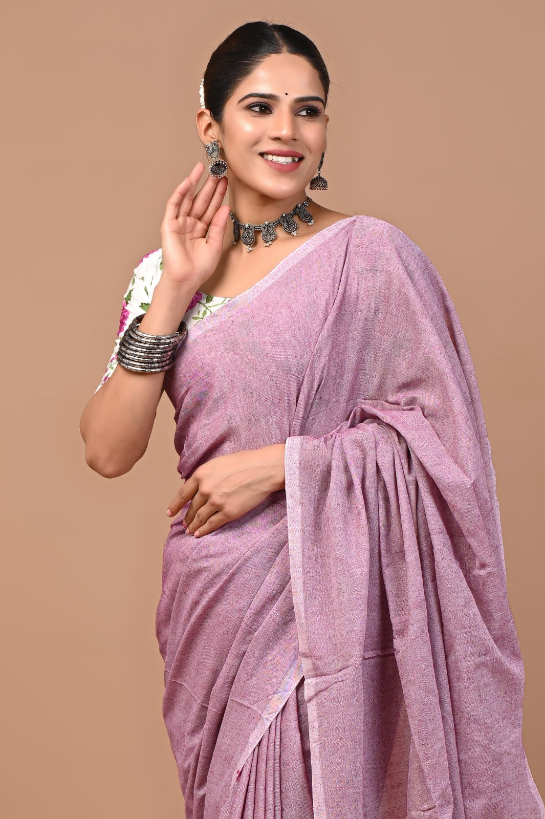 Handloom Cotton Saree With Printed Blouse
