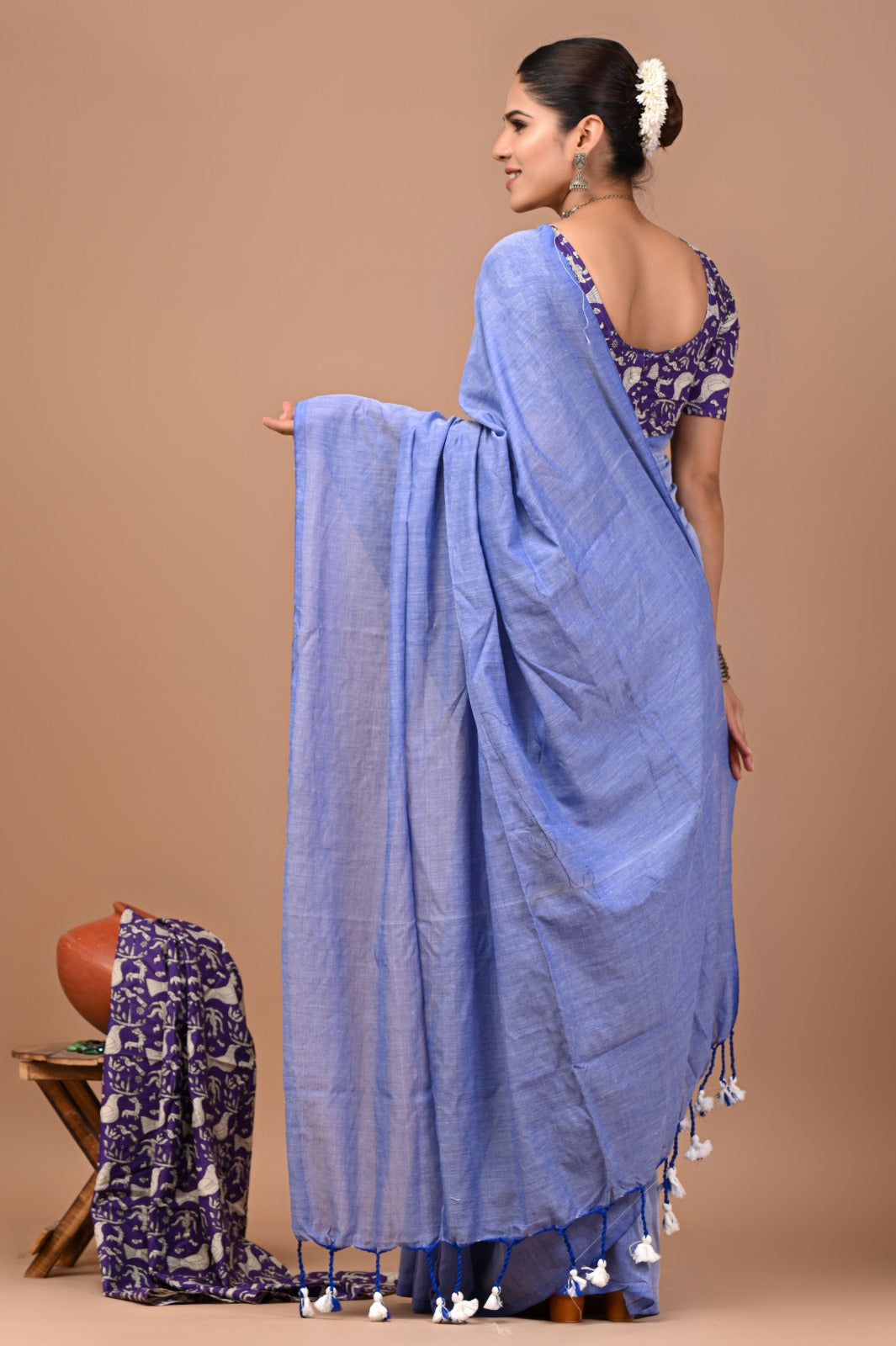 Handloom Cotton Saree With Printed Blouse