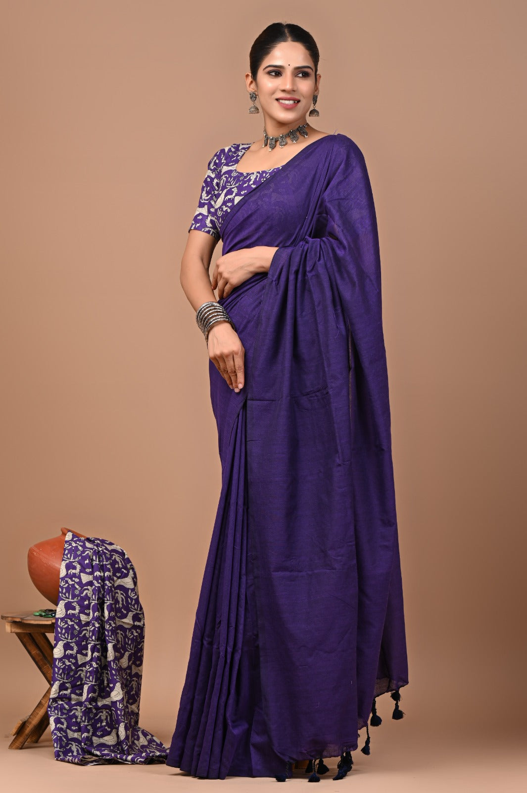 Handloom Cotton Saree With Printed Blouse
