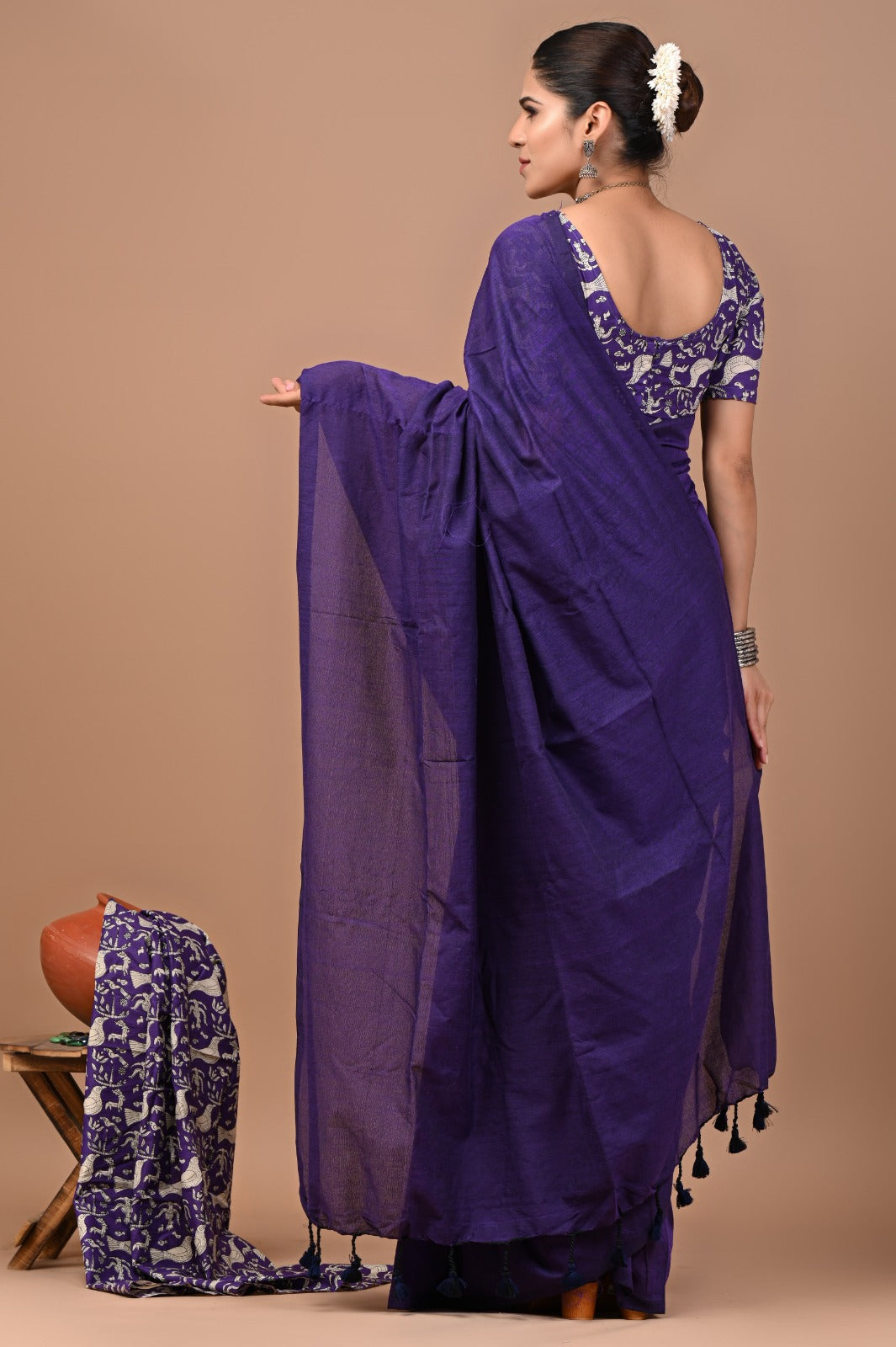 Handloom Cotton Saree With Printed Blouse