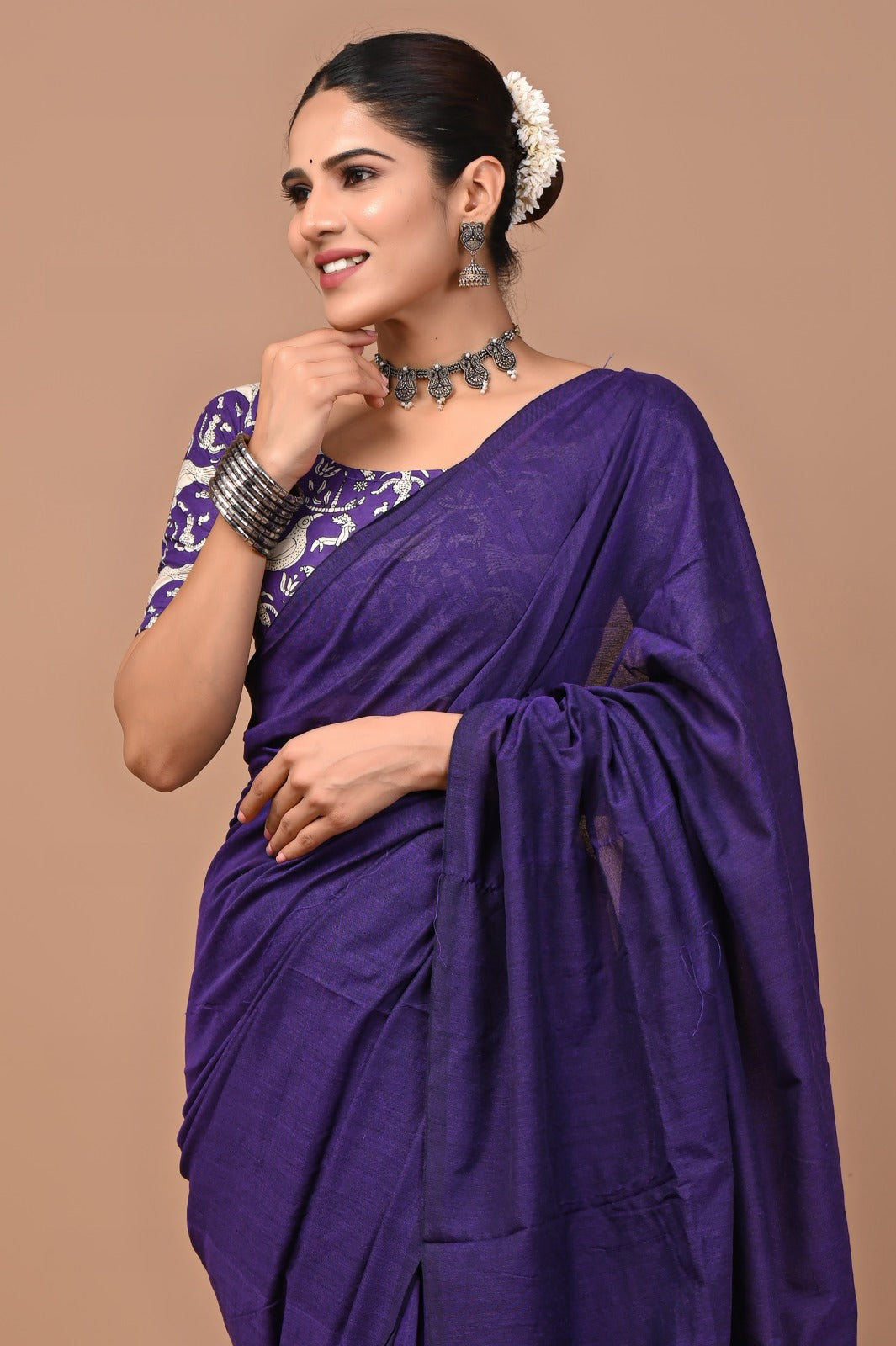 Handloom Cotton Saree With Printed Blouse