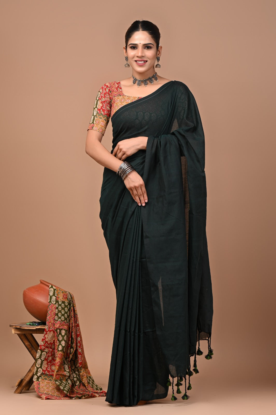 Handloom Cotton Saree With Printed Blouse