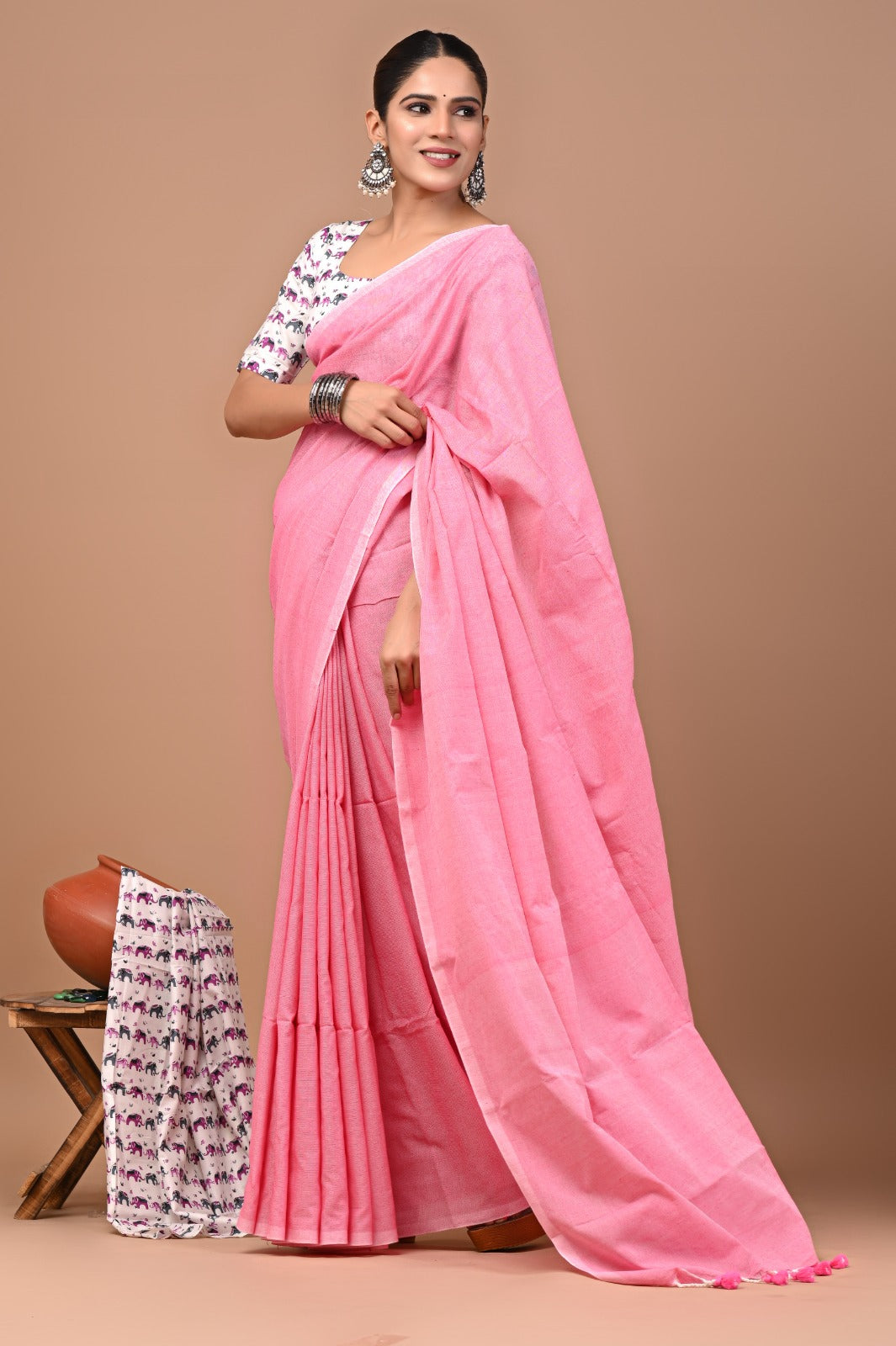 Handloom Cotton Saree With Printed Blouse