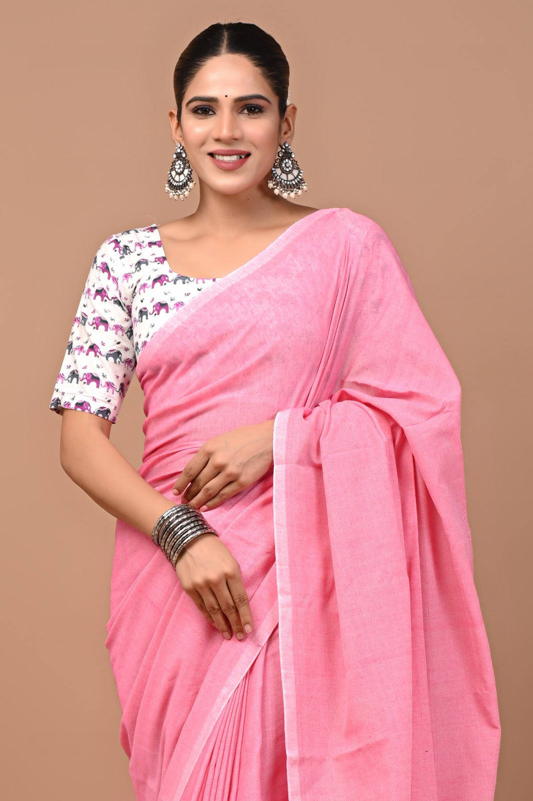 Handloom Cotton Saree With Printed Blouse
