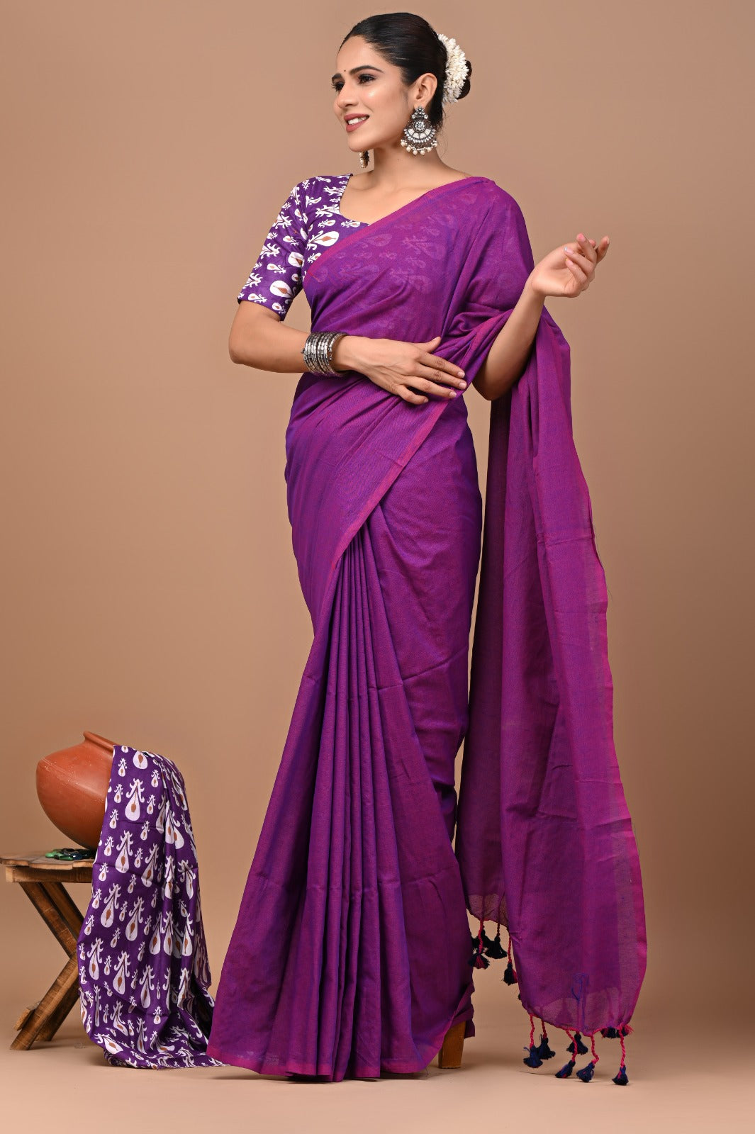 Handloom Cotton Saree With Printed Blouse