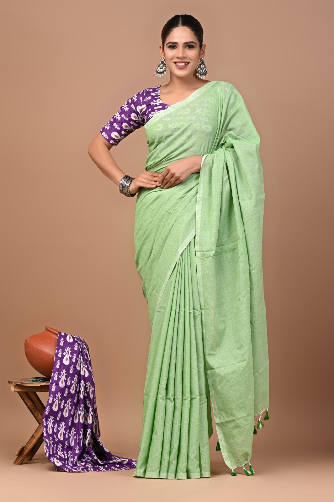 Handloom Cotton Saree With Printed Blouse