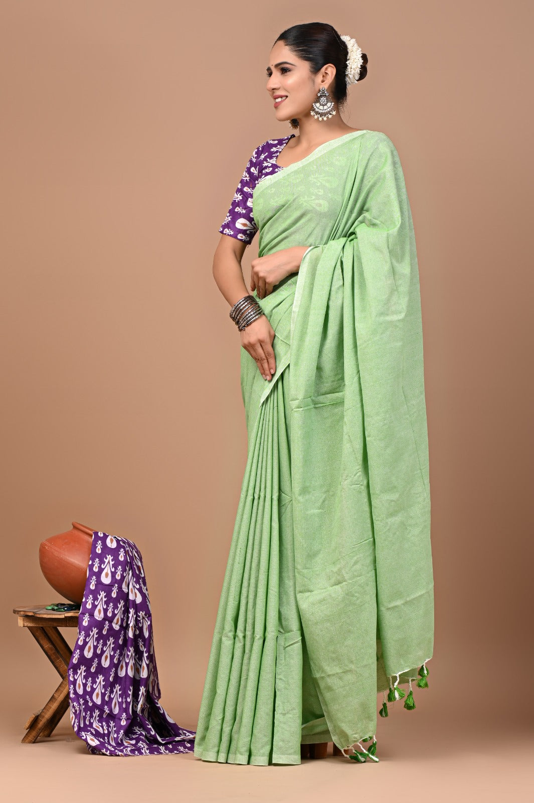 Handloom Cotton Saree With Printed Blouse