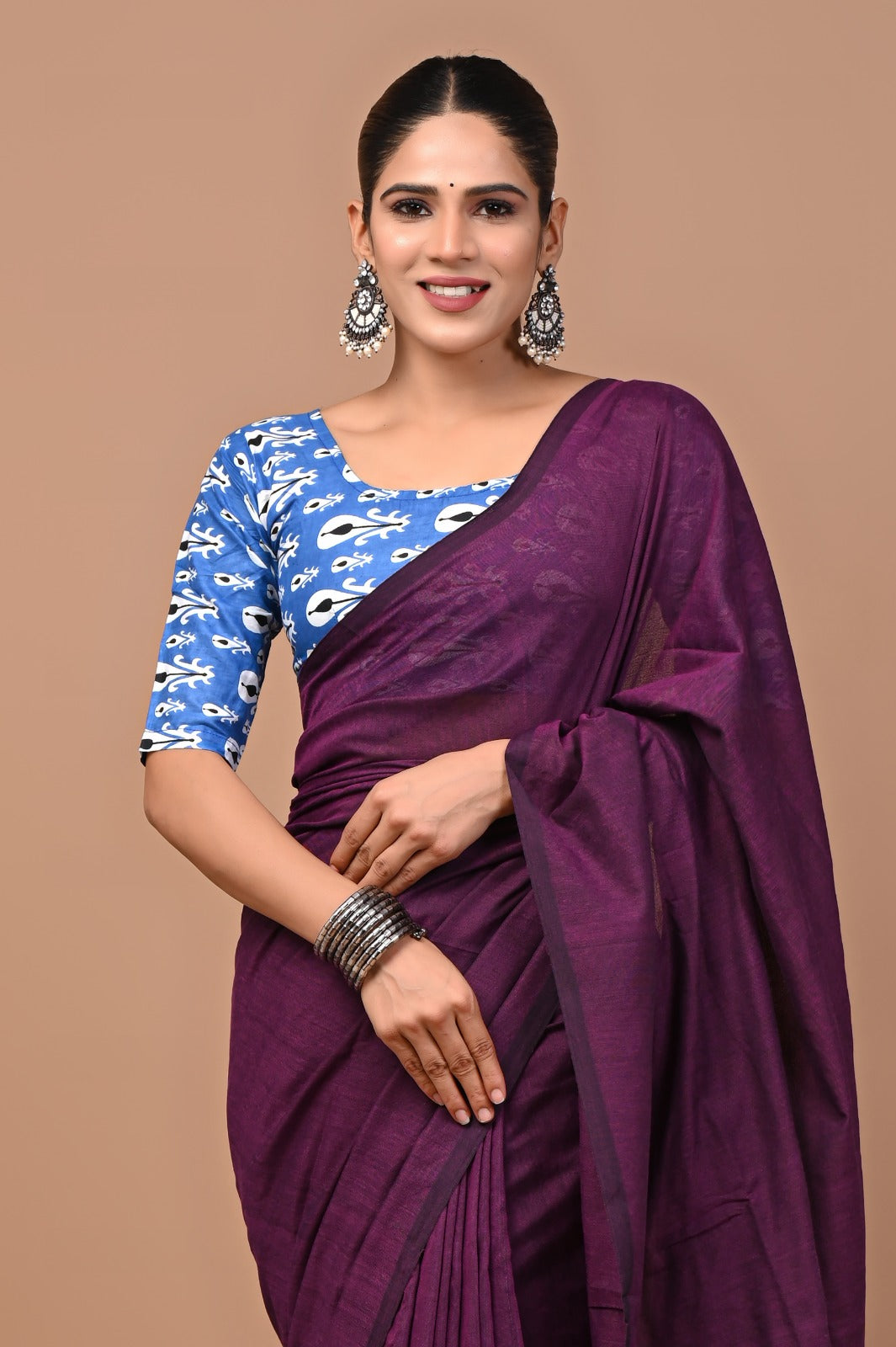 Handloom Cotton Saree With Printed Blouse