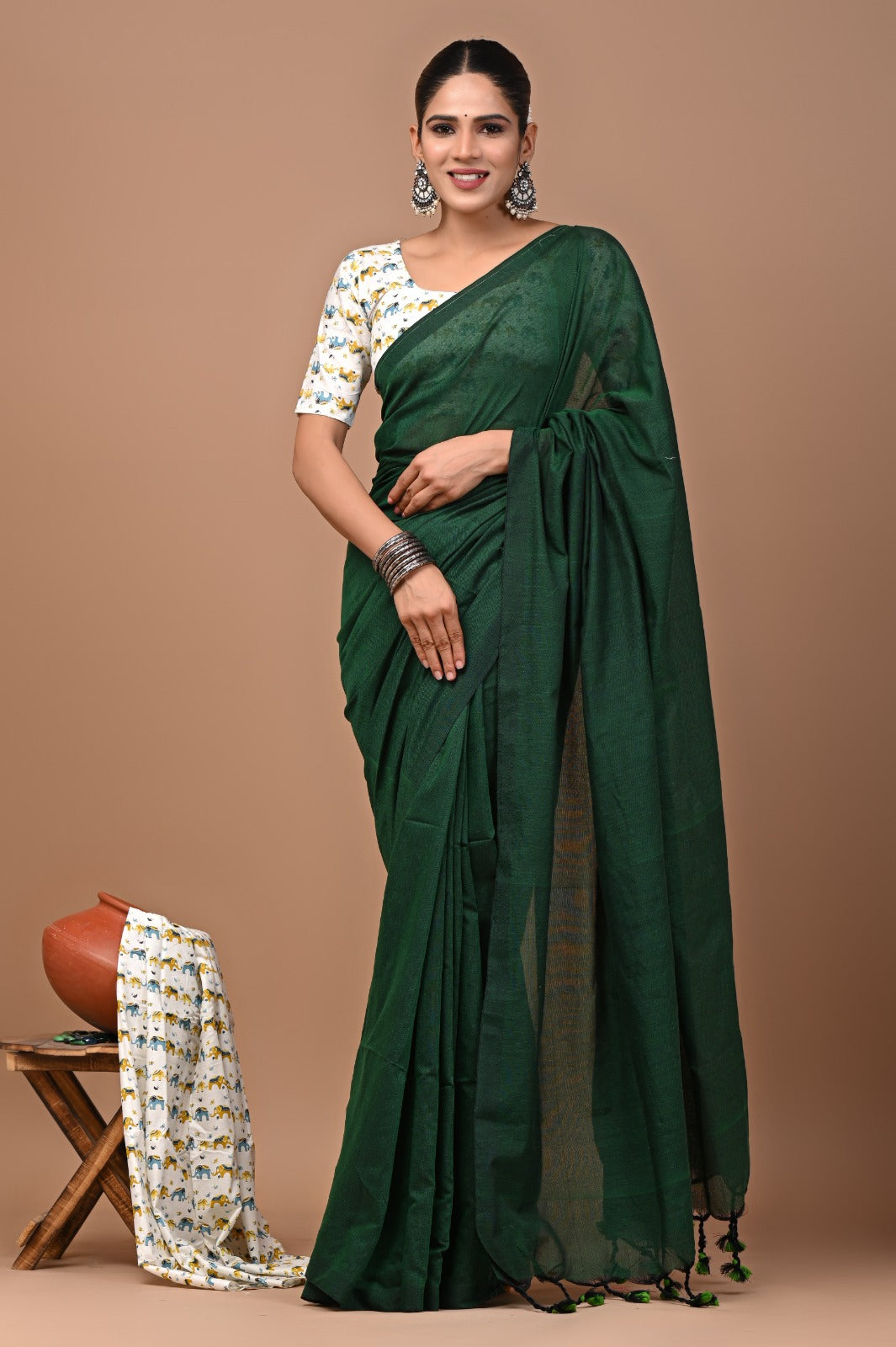 Handloom Cotton Saree With Printed Blouse