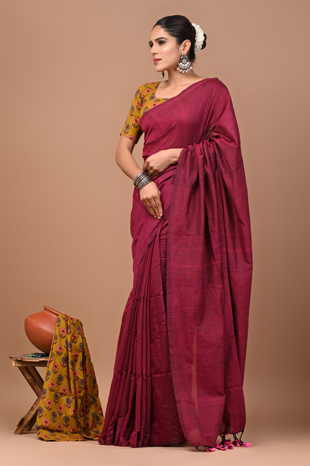 Handloom Cotton Saree With Printed Blouse