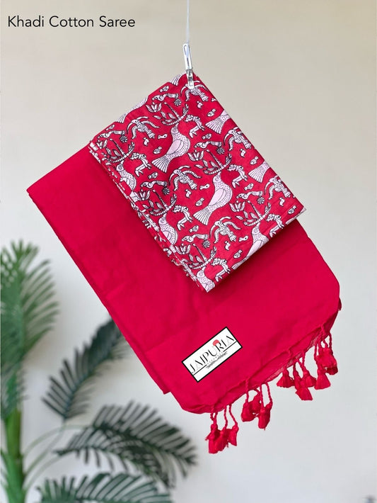 Jaipuria Handloom Cotton Saree With Printed Blouse