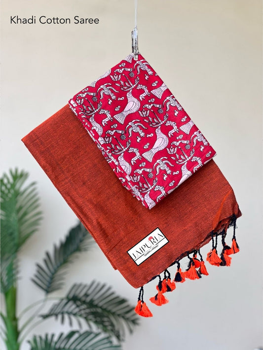 Jaipuria Handloom Cotton Saree With Printed Blouse