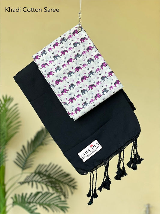 Jaipuria Handloom Cotton Saree With Printed Blouse
