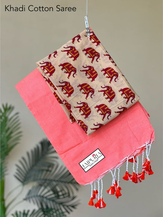 Jaipuria Handloom Cotton Saree With Printed Blouse