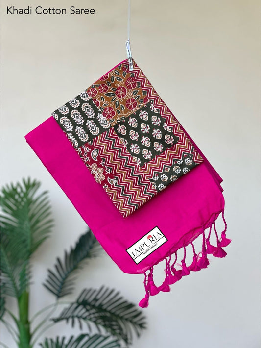 Jaipuria Handloom Cotton Saree With Printed Blouse