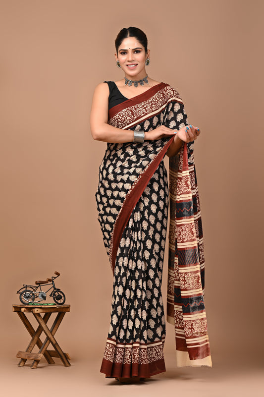 Printed Pure Cotton Mulmul Saree With Blouse