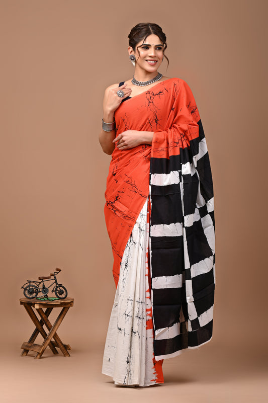 Printed Pure Cotton Mulmul Saree With Blouse