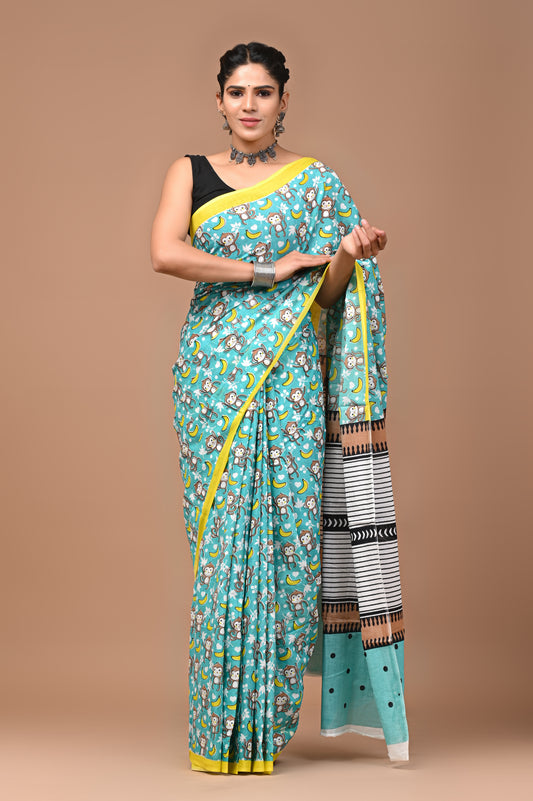 Exclusive Printed Pure Cotton Mulmul Saree With Blouse