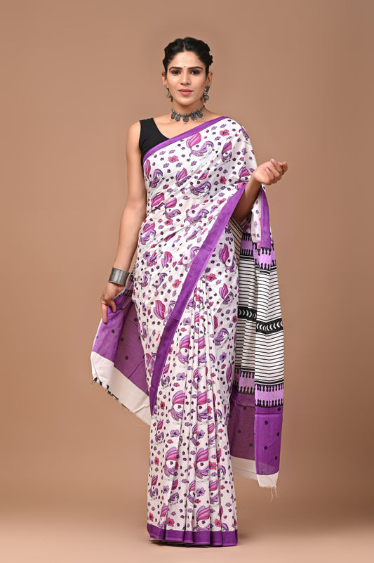 Exclusive Printed Pure Cotton Mulmul Saree With Blouse