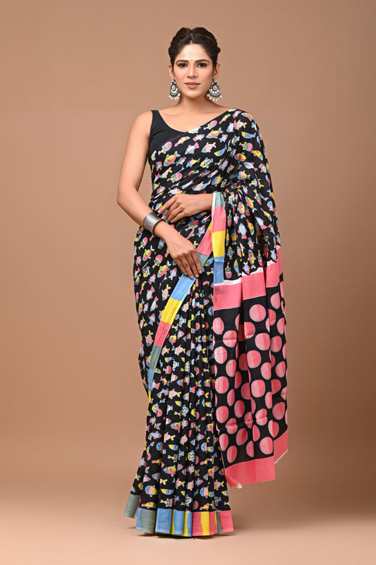 Exclusive Printed Pure Cotton Mulmul Saree With Blouse