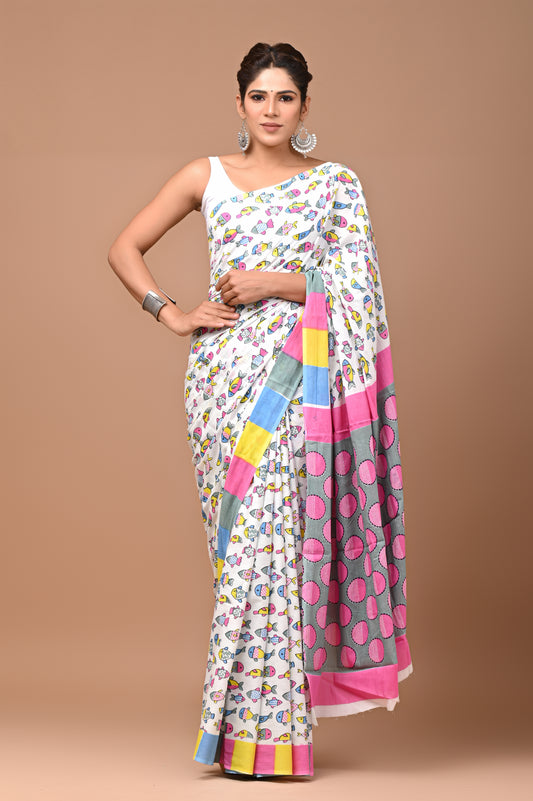 Exclusive Printed Pure Cotton Mulmul Saree With Blouse