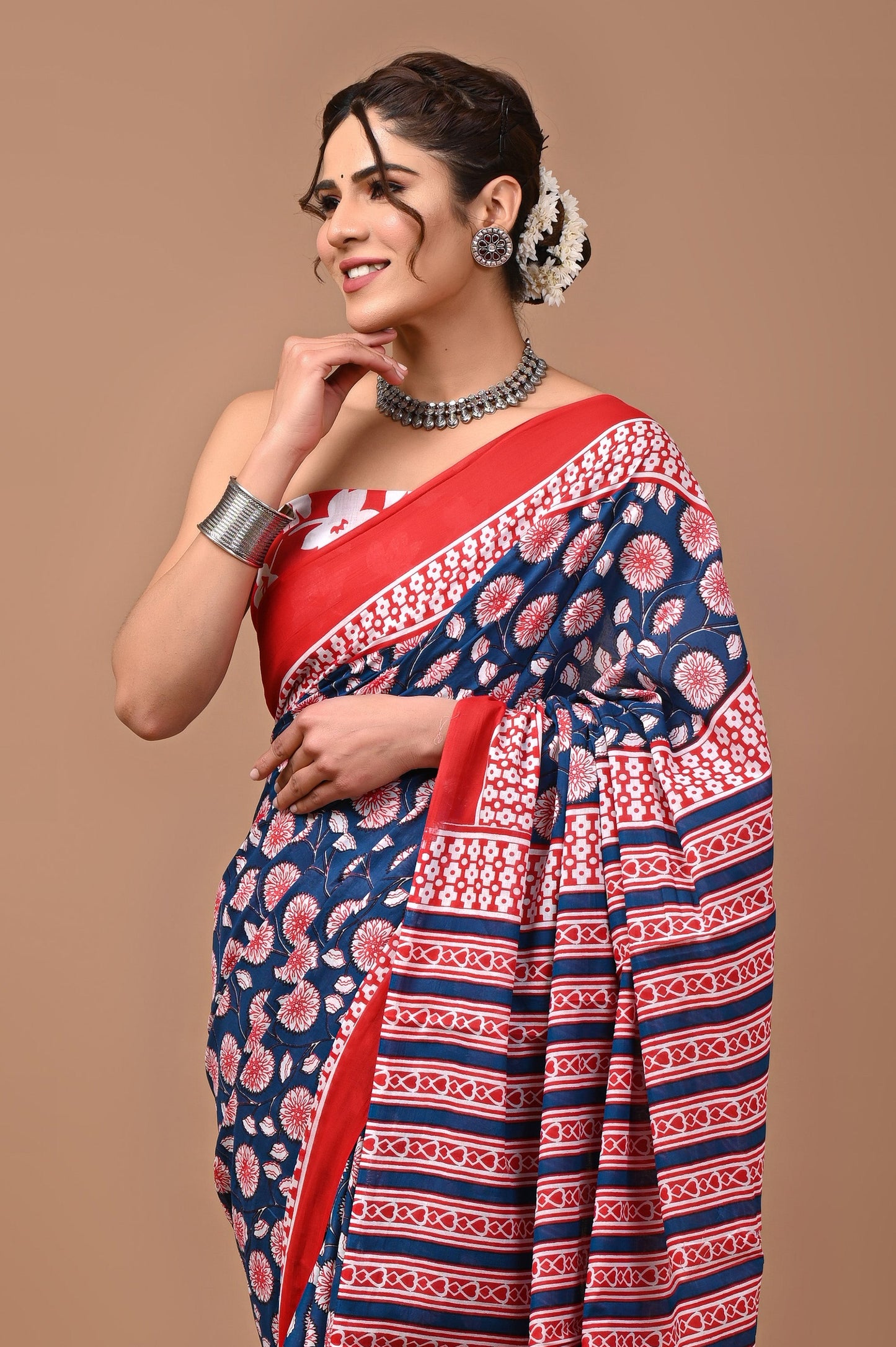 Jaipuri Printed Pure Cotton Mulmul Saree With Blouse