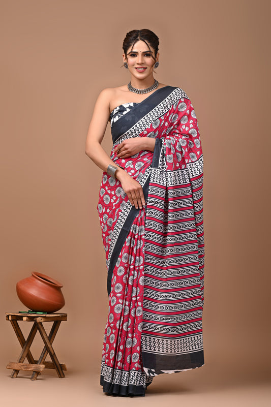Jaipuri Printed Pure Cotton Mulmul Saree With Blouse