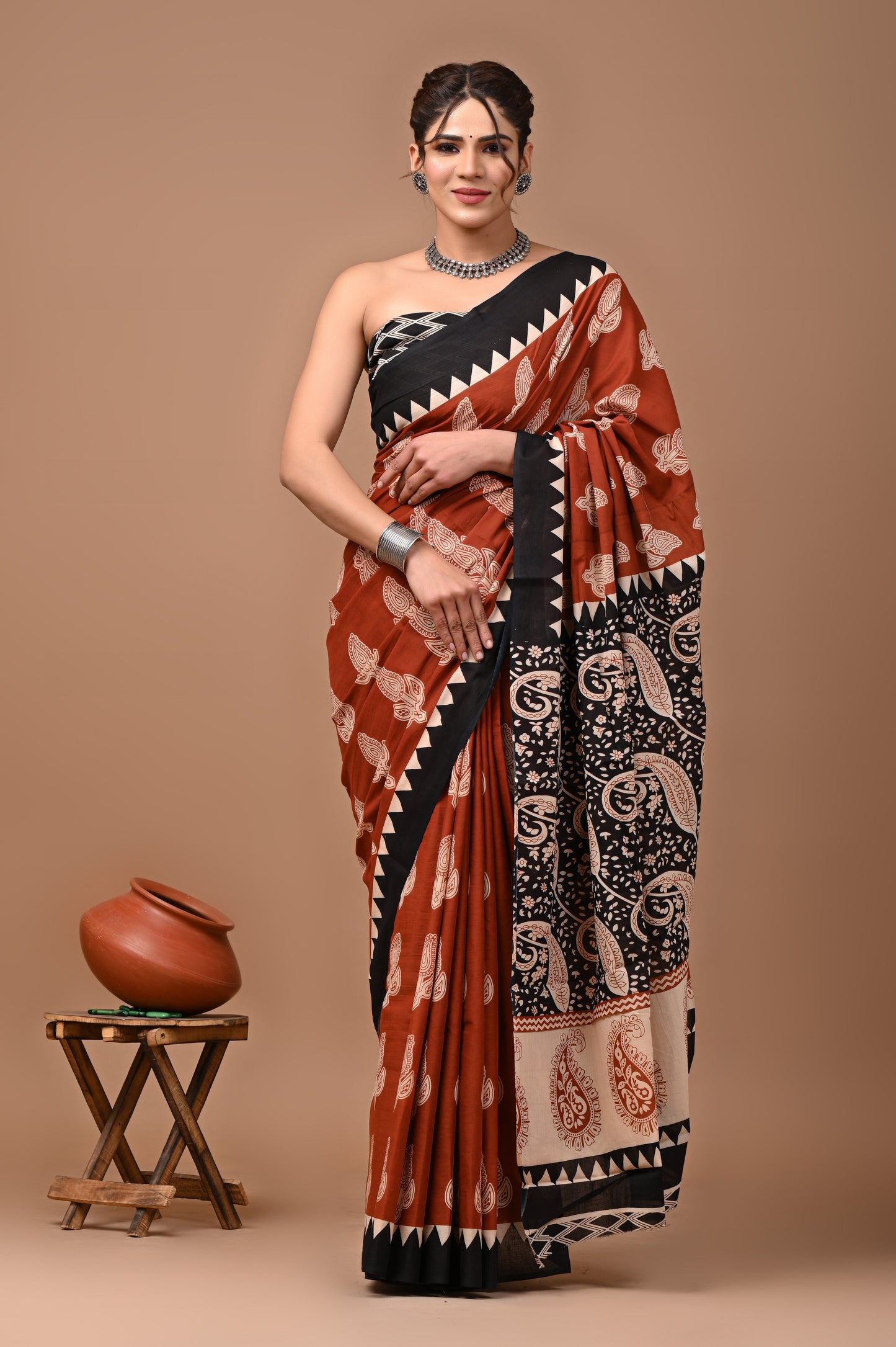 Jaipuri Printed Pure Cotton Mulmul Saree With Blouse