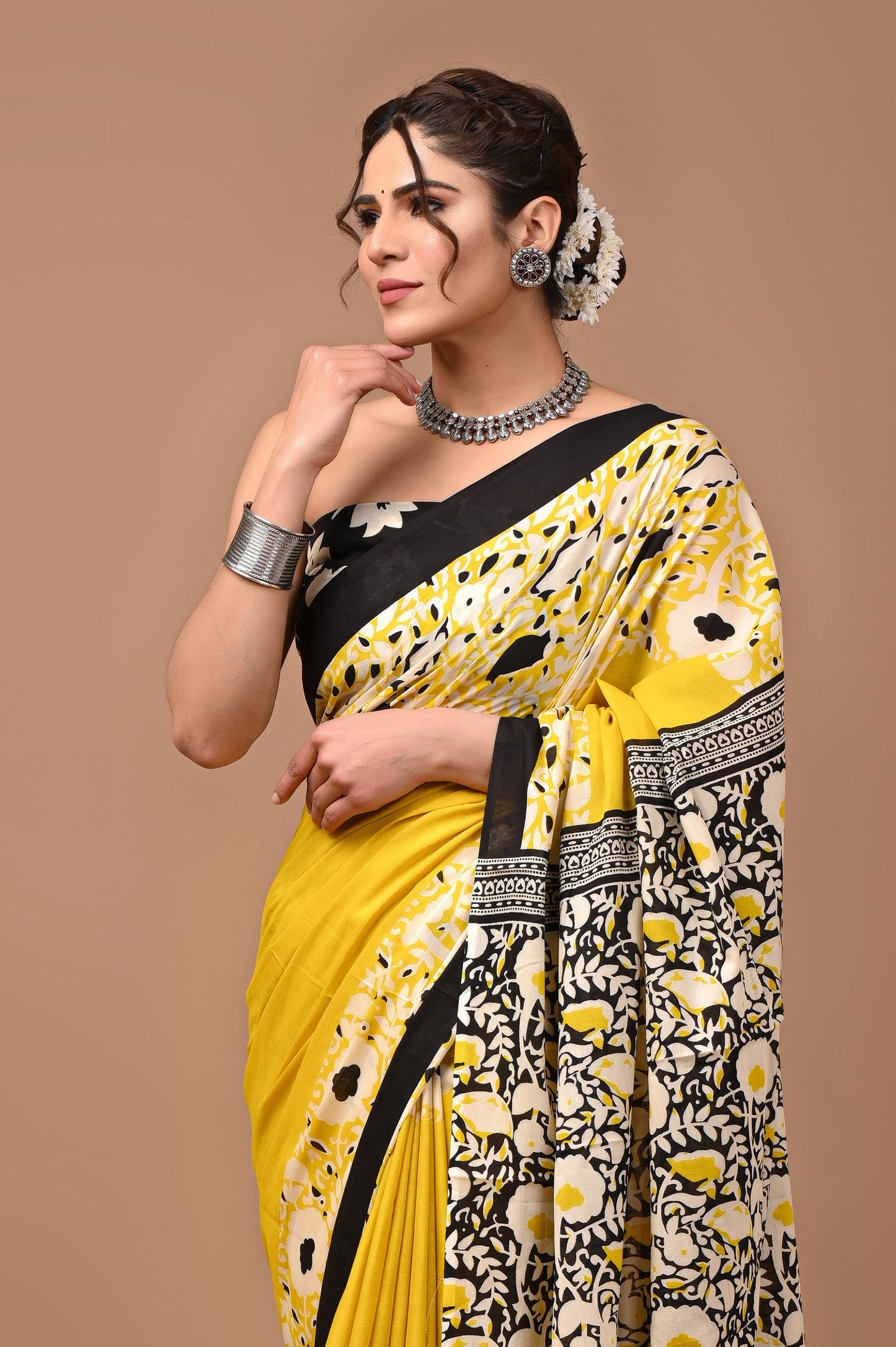 Jaipuri Printed Pure Cotton Mulmul Saree With Blouse