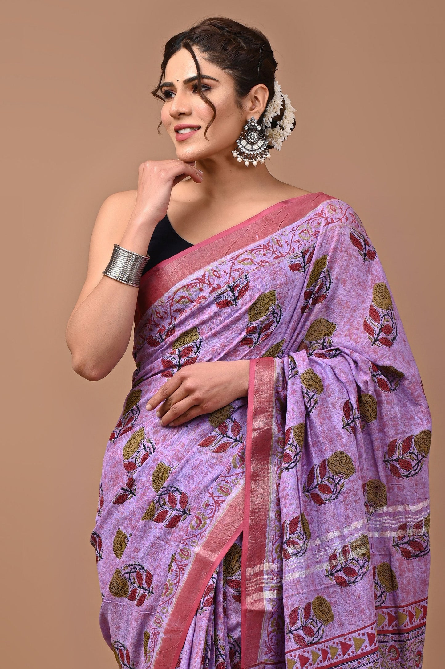 Block Printed Cotton linen Saree With Unstiched Blouse