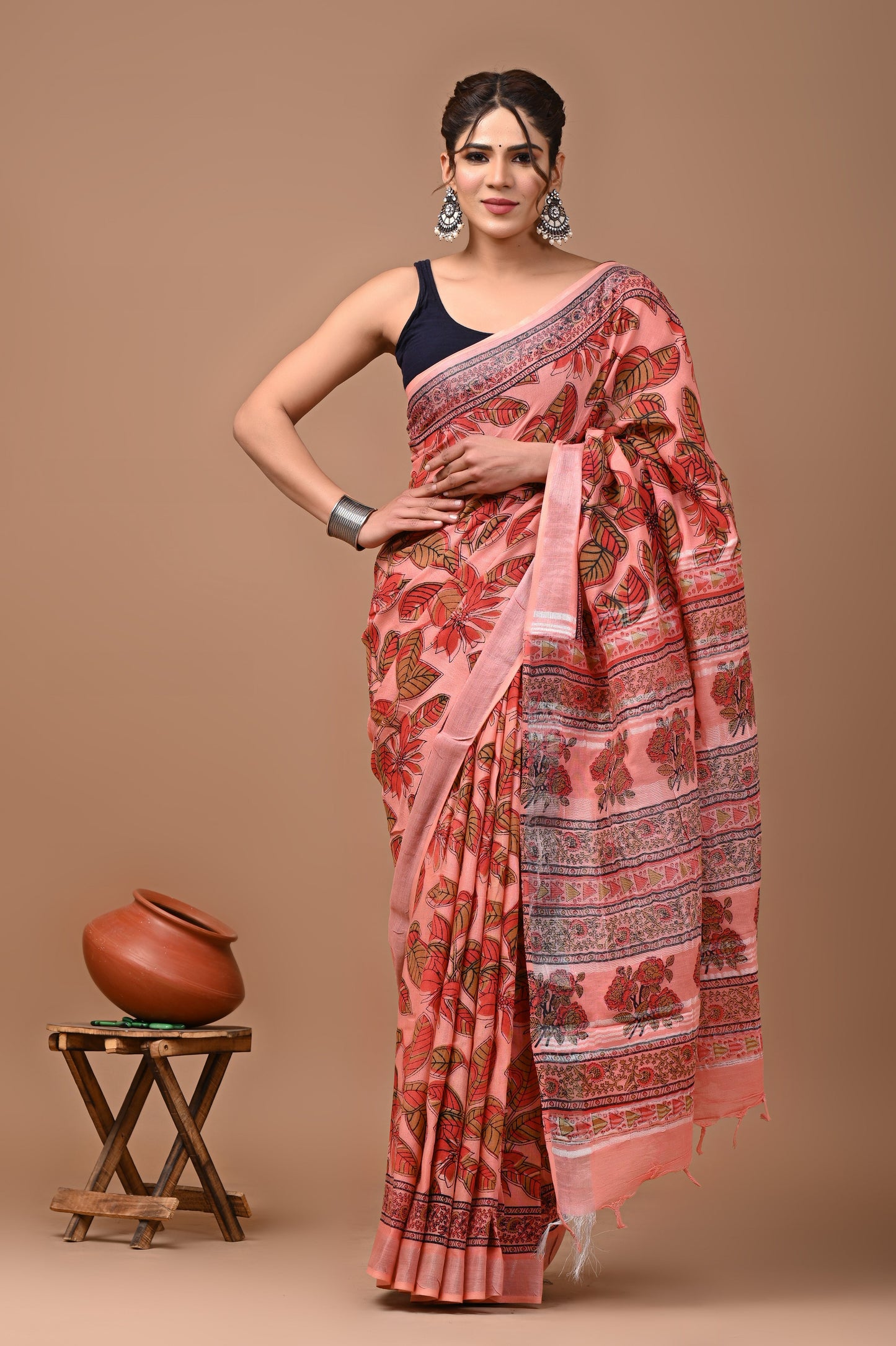 Block Printed Cotton linen Saree With Unstiched Blouse