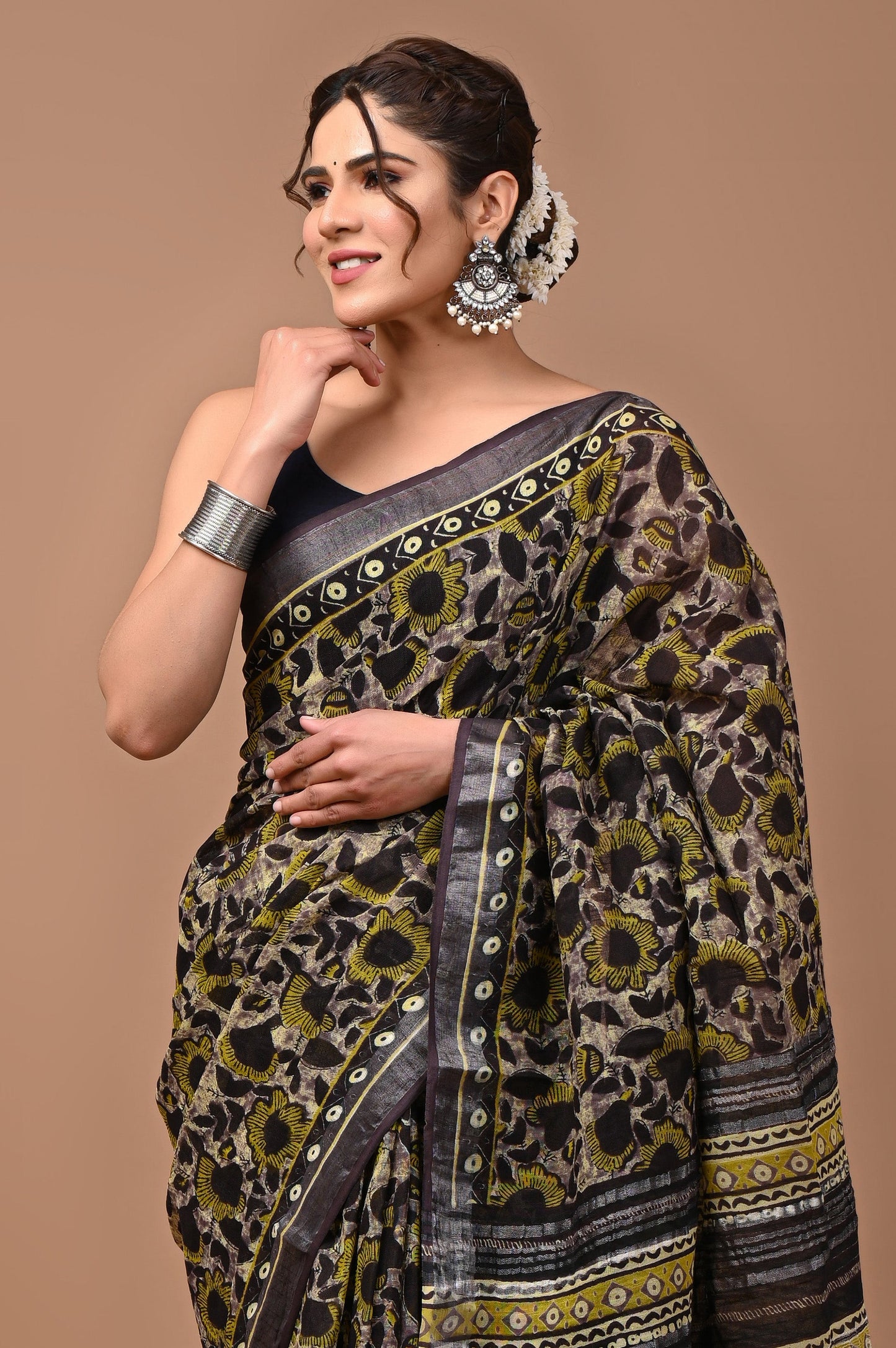 Block Printed Cotton linen Saree With Unstiched Blouse