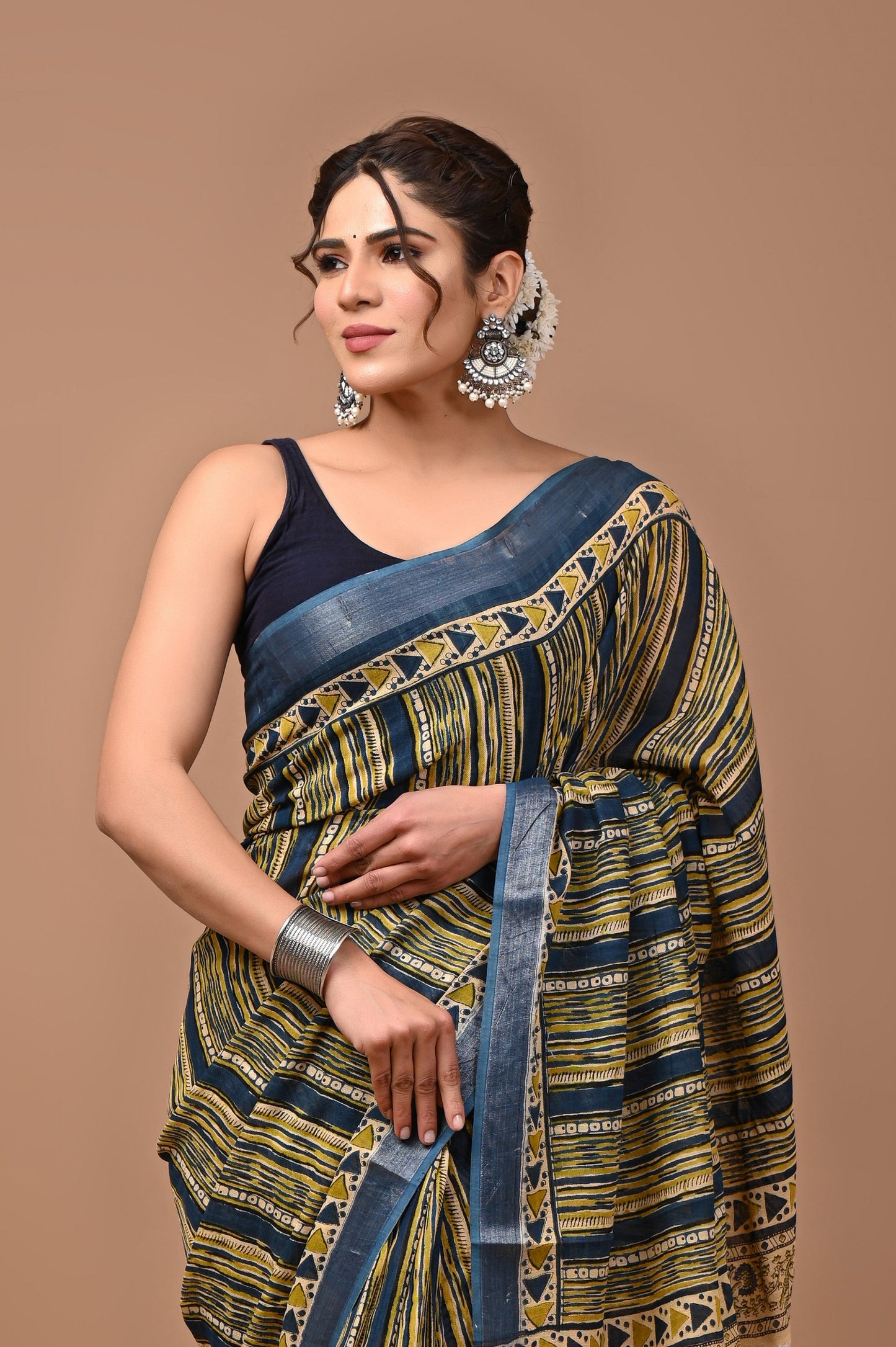 Block Printed Cotton linen Saree With Unstiched Blouse