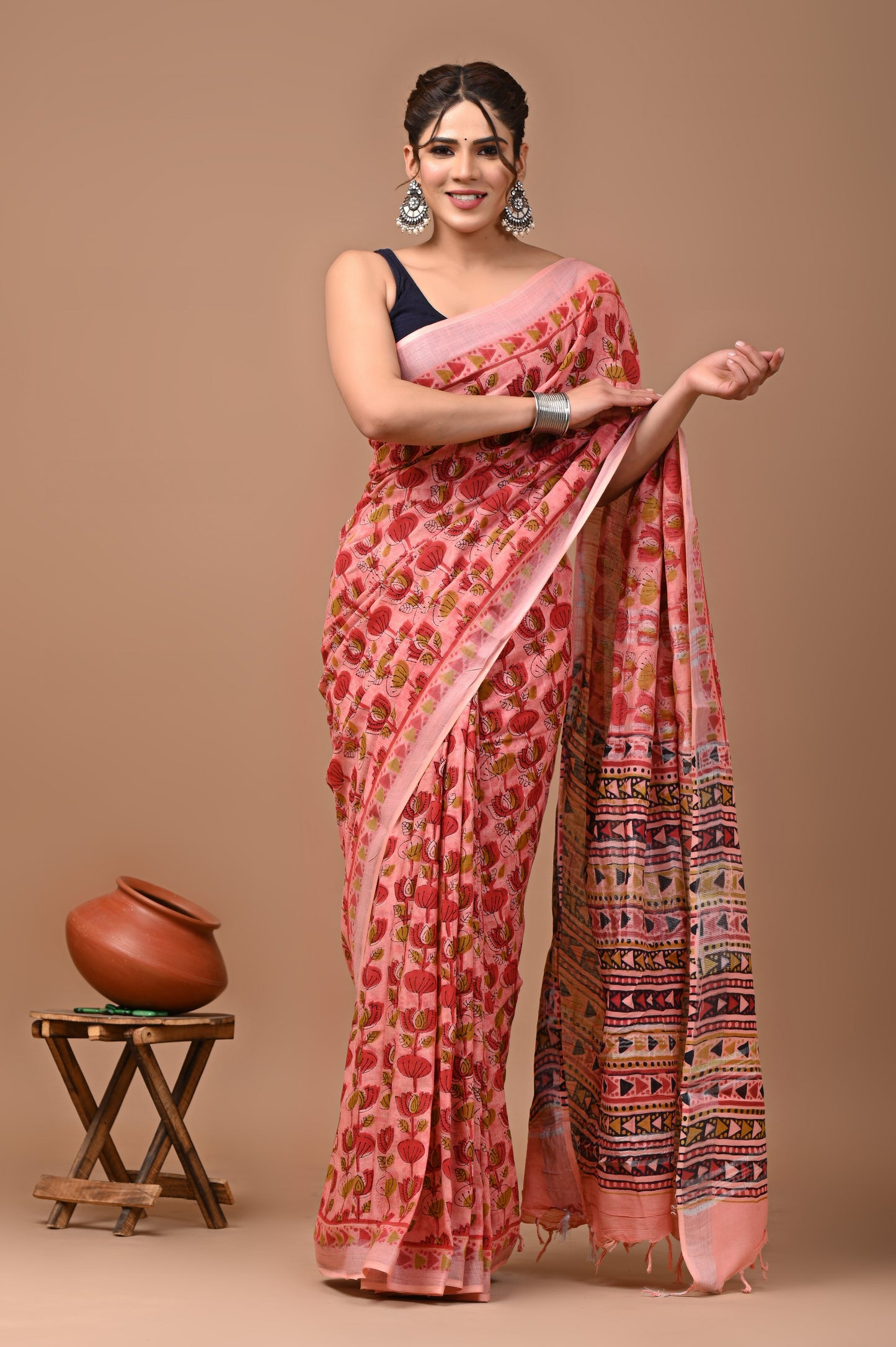 Block Printed Cotton linen Saree With Unstiched Blouse