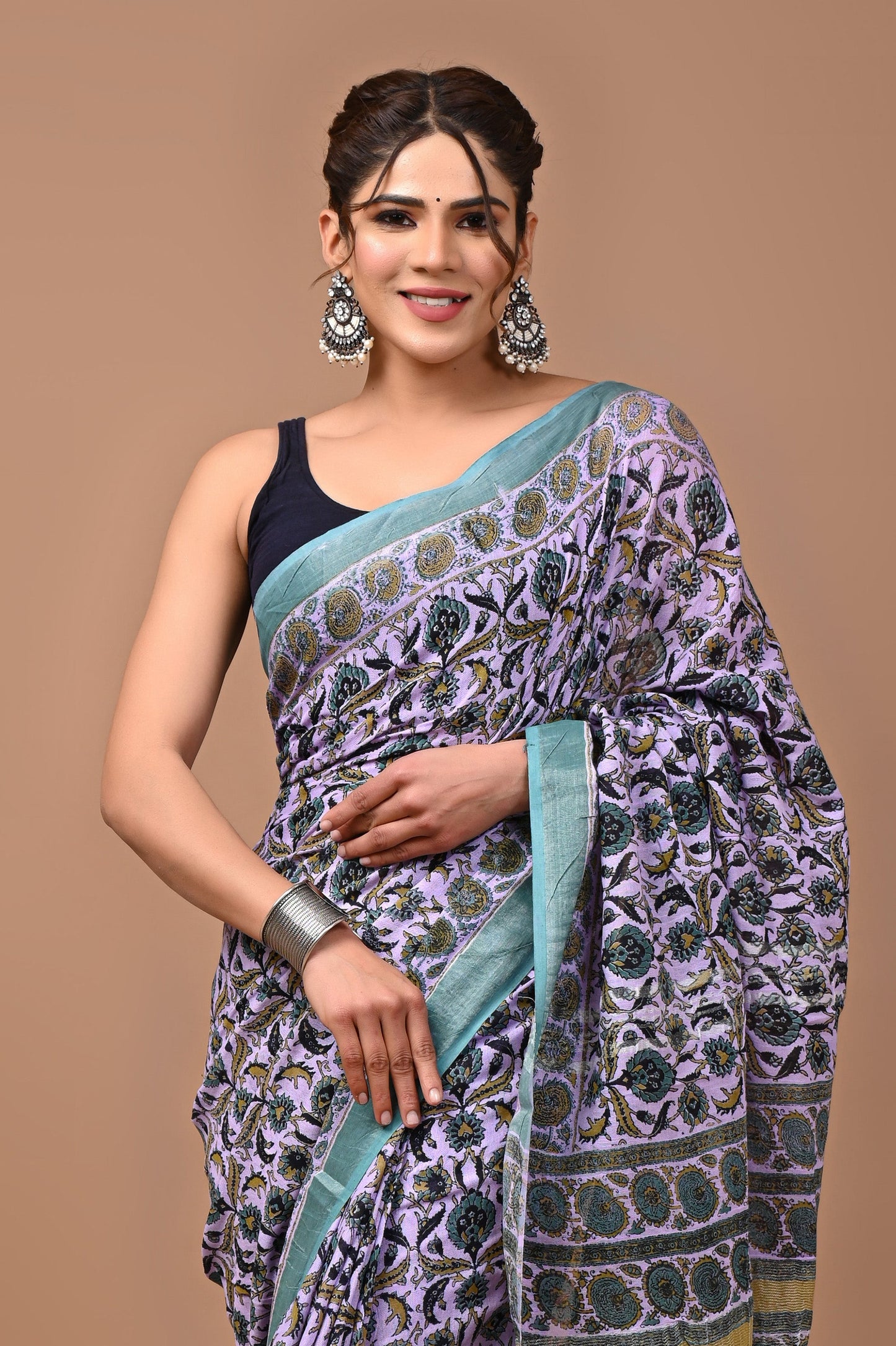 Block Printed Cotton linen Saree With Unstiched Blouse