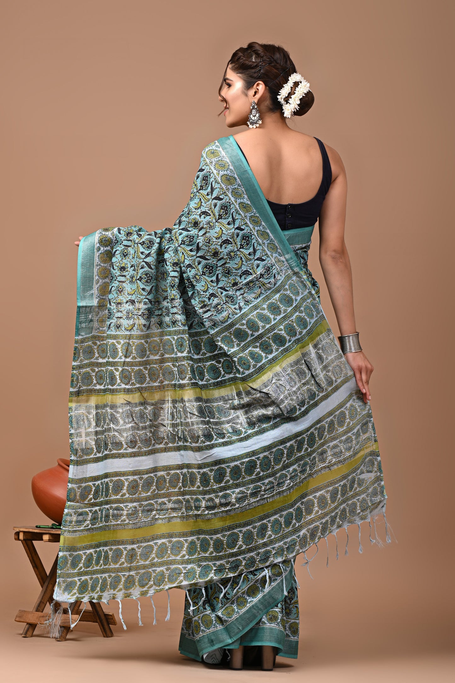 Block Printed Cotton linen Saree With Unstiched Blouse