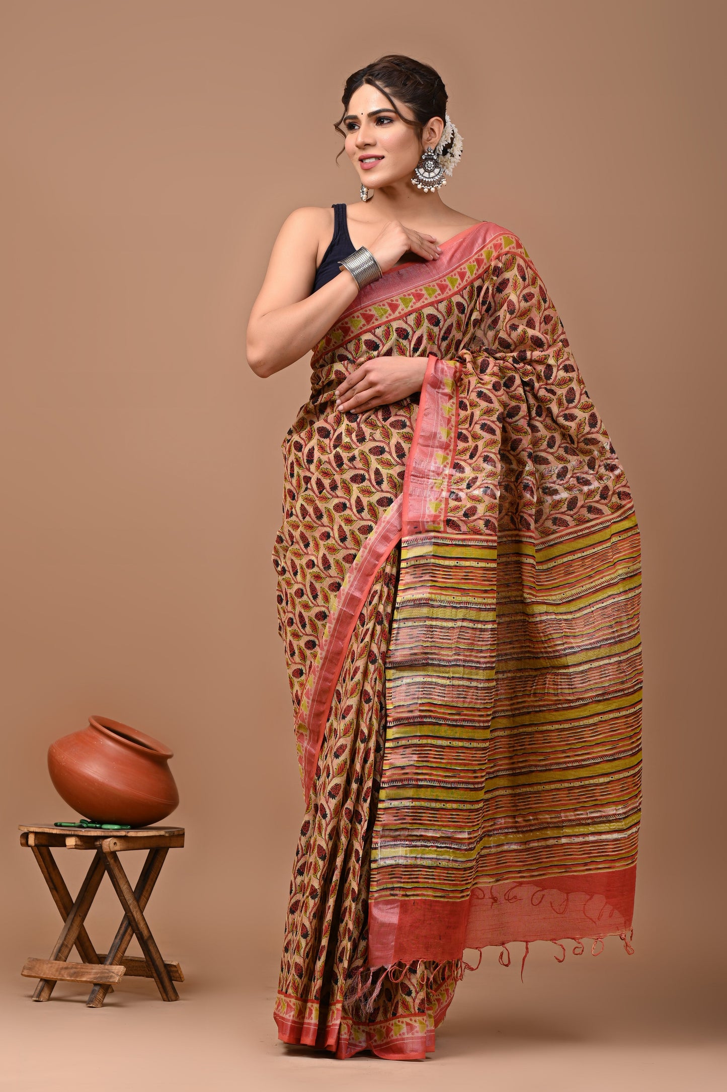 Block Printed Cotton linen Saree With Unstiched Blouse