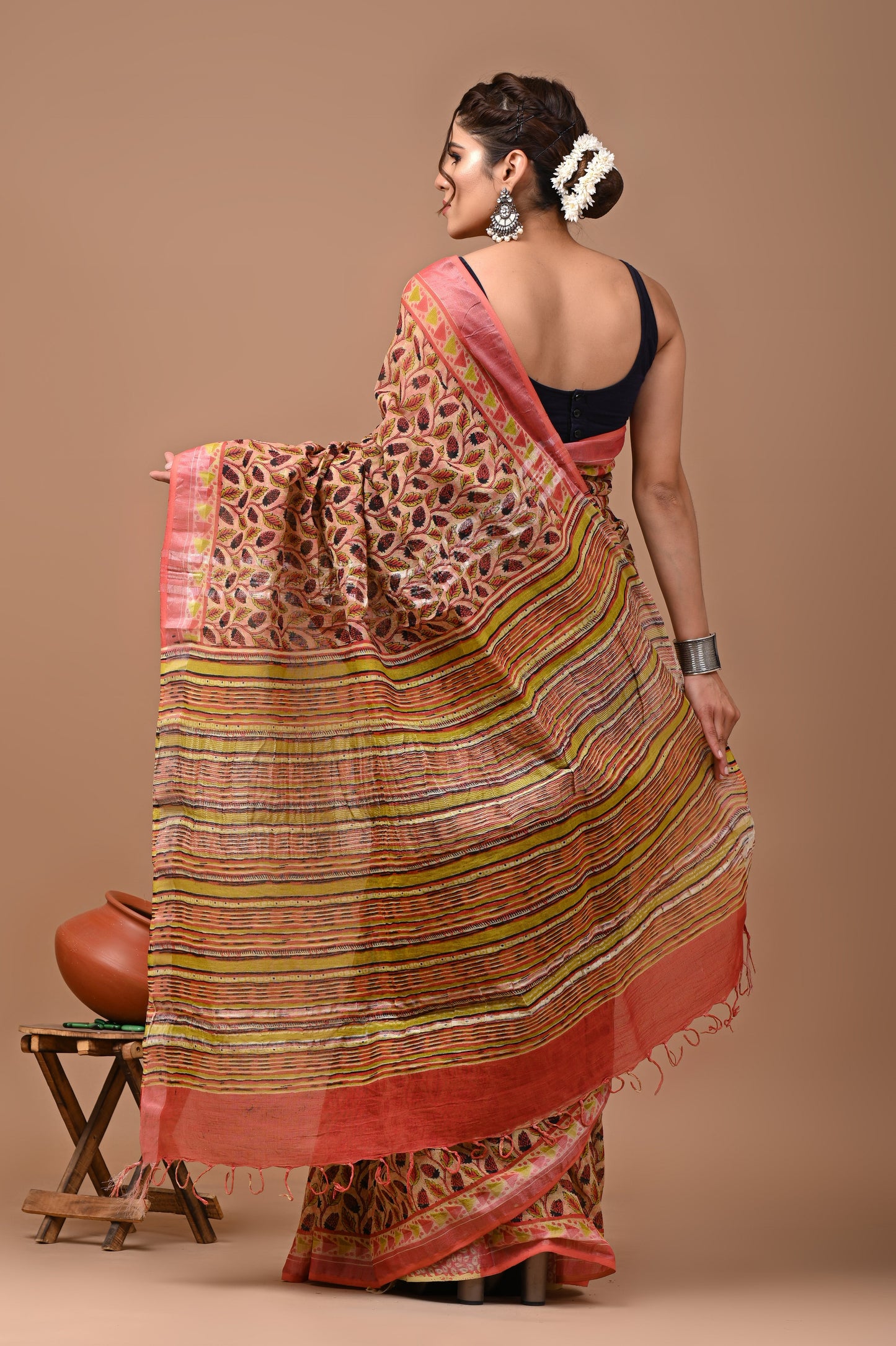 Block Printed Cotton linen Saree With Unstiched Blouse