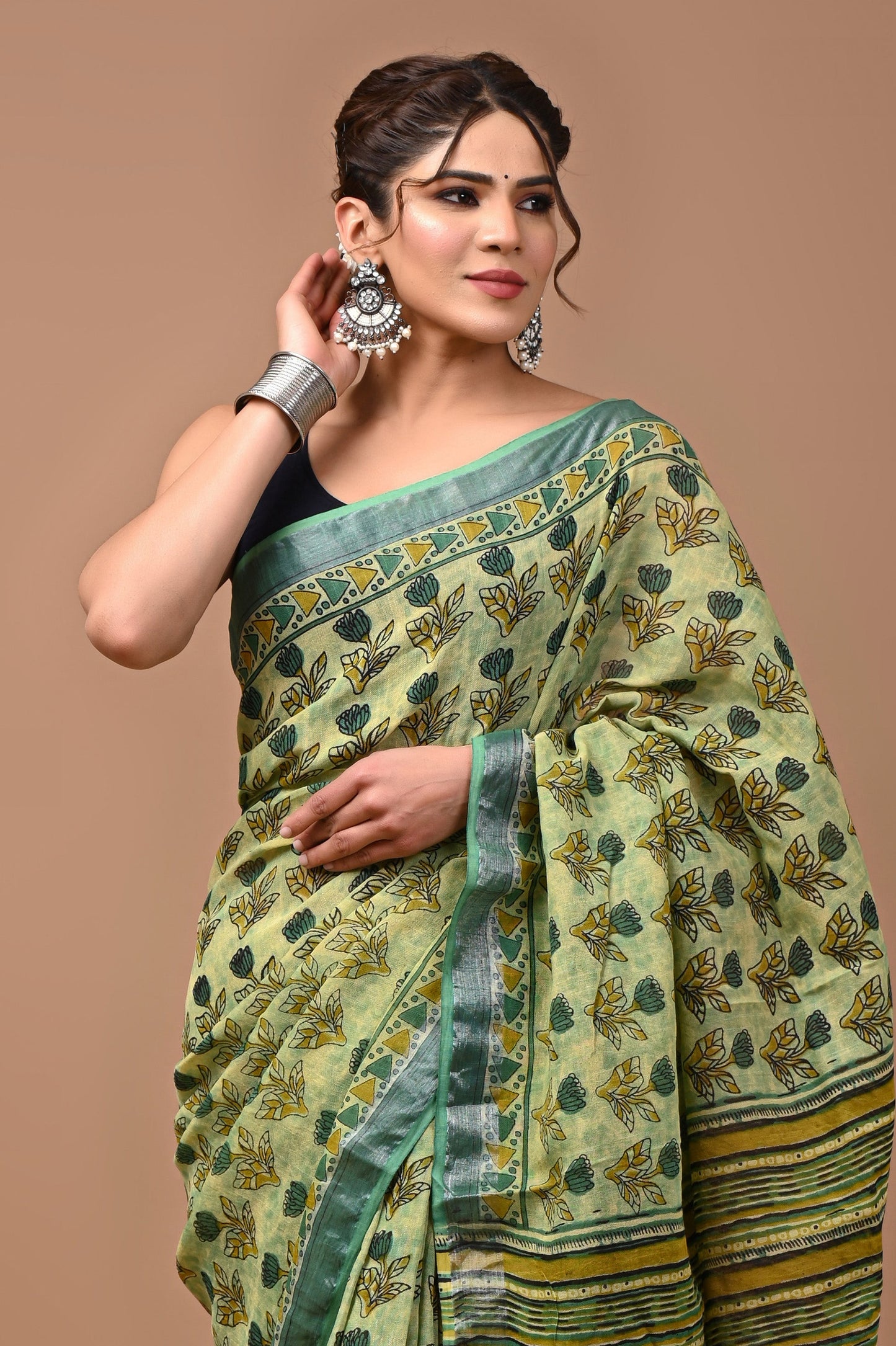 Block Printed Cotton linen Saree With Unstiched Blouse