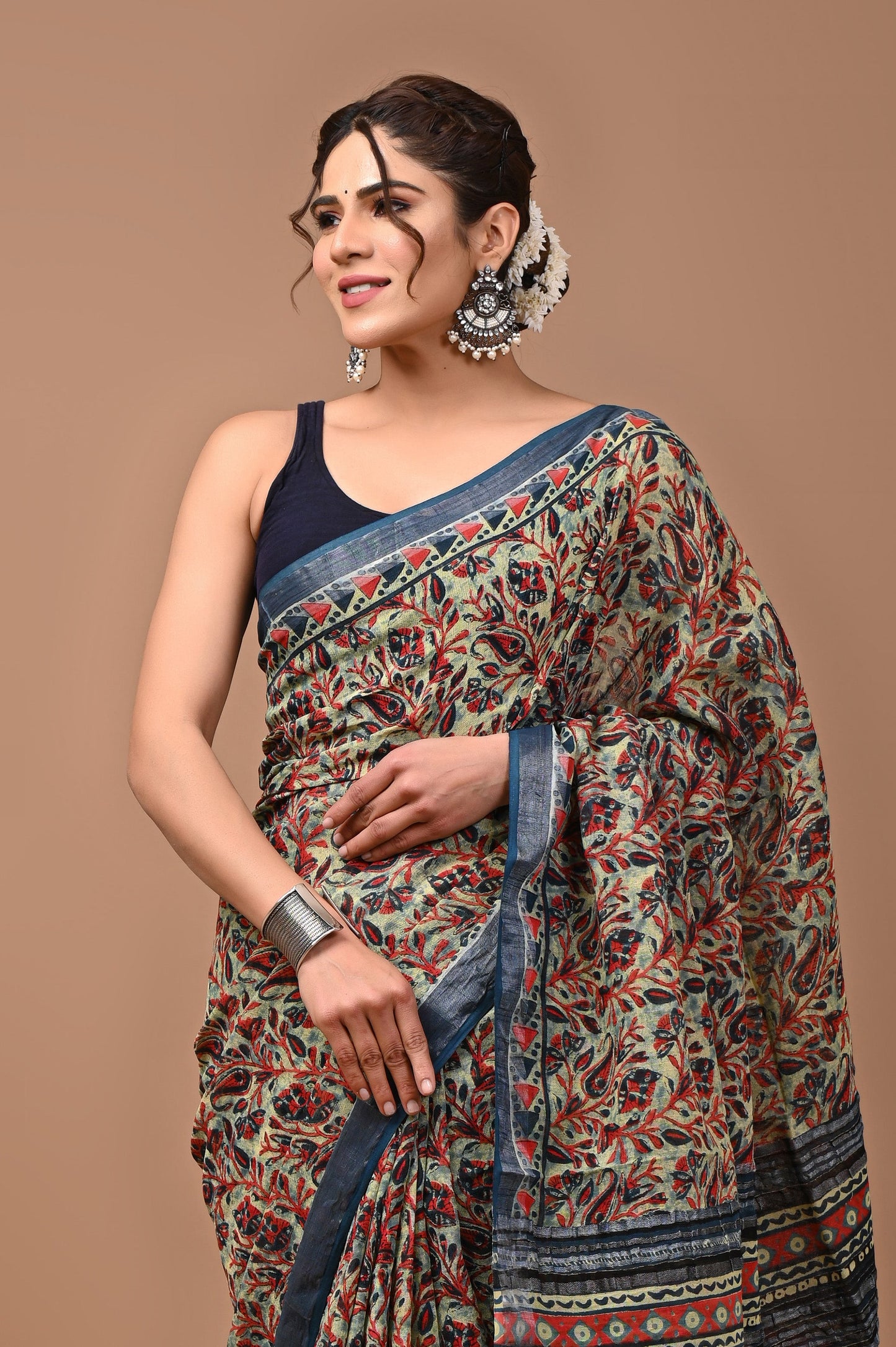 Block Printed Cotton linen Saree With Unstiched Blouse