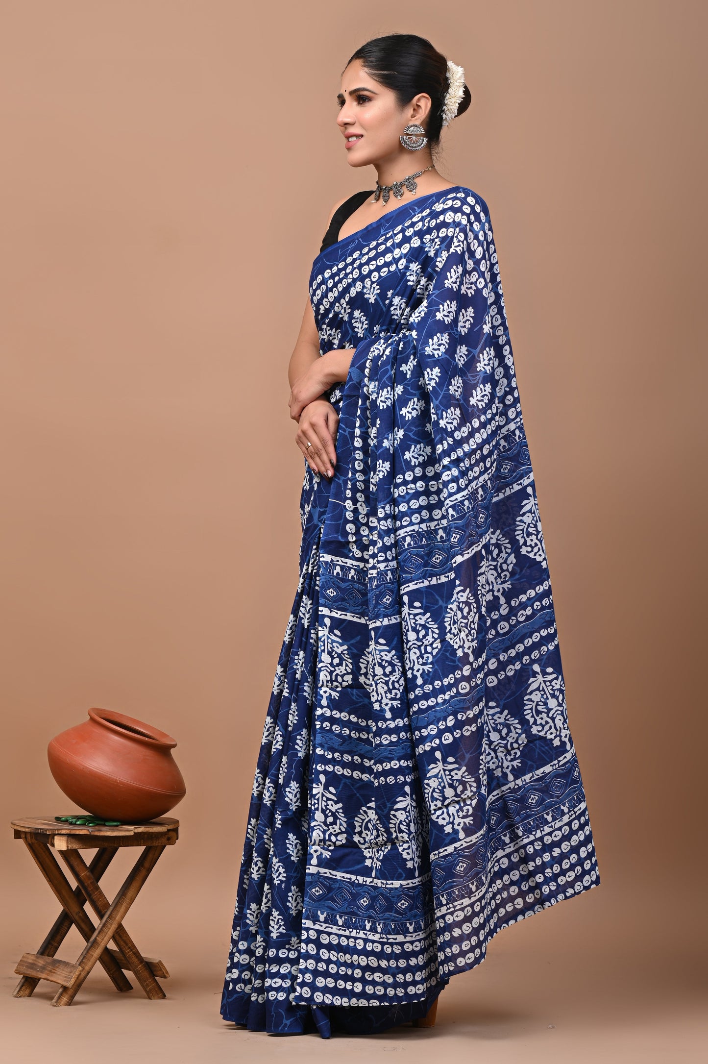 Jaipuri Printed Pure Cotton Mulmul Saree With Blouse