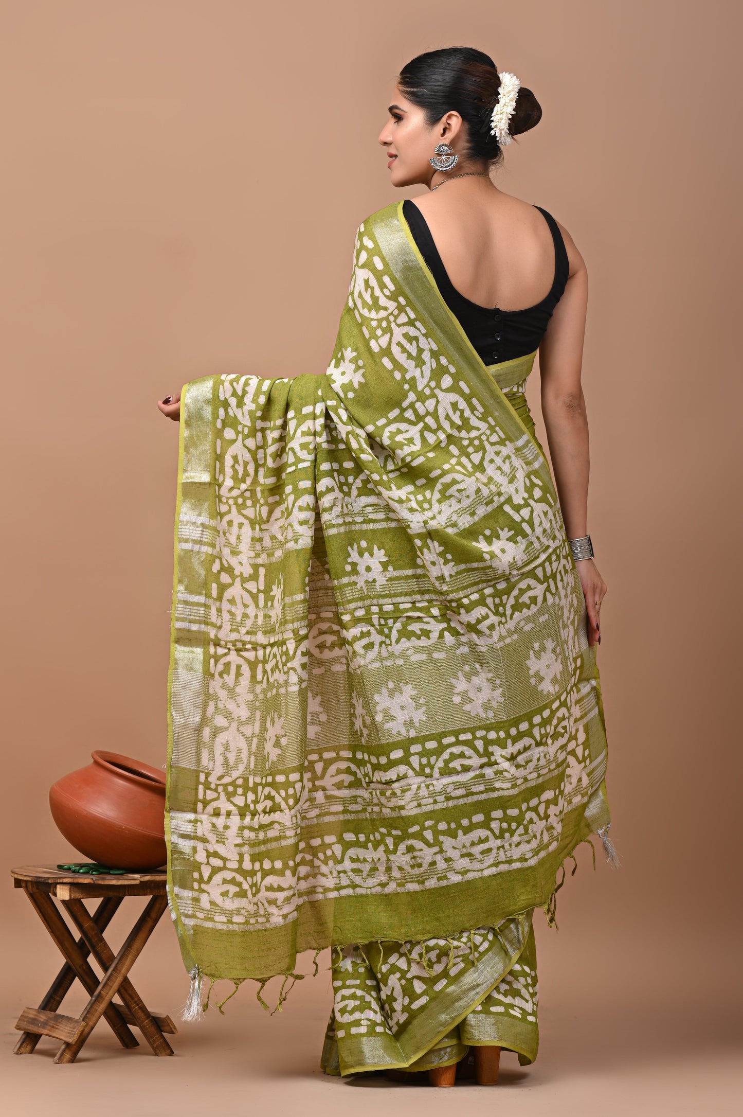 Block Printed Cotton linen Saree With Unstiched Blouse