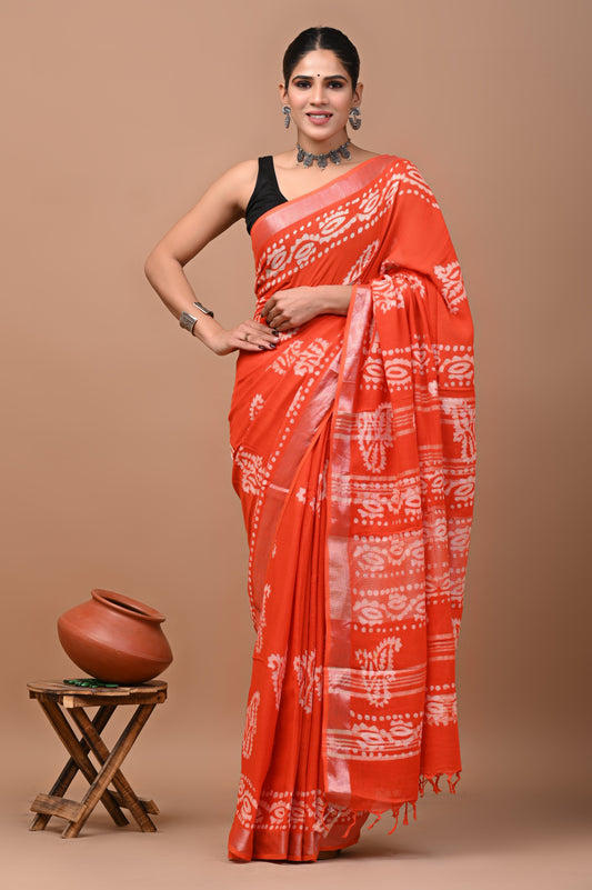 Block Printed Cotton linen Saree With Unstiched Blouse