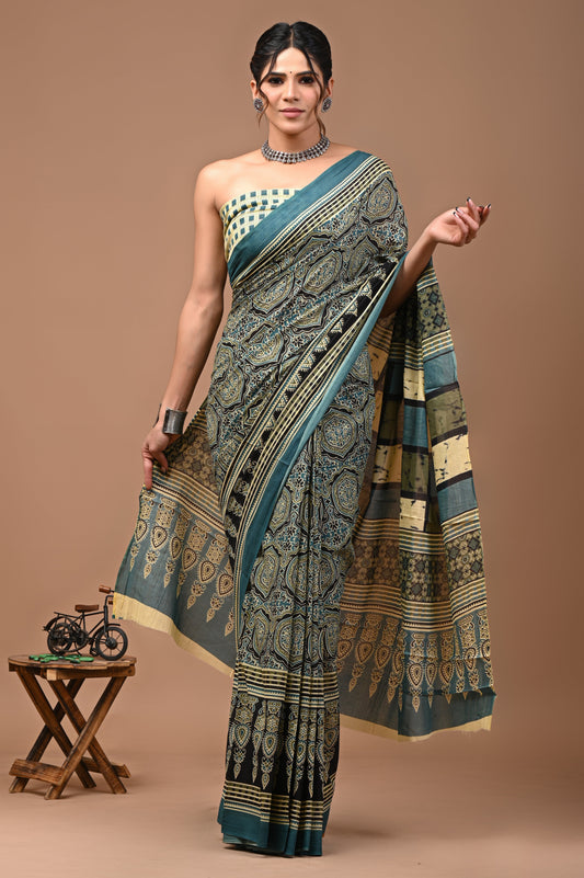 Printed Pure Cotton Mulmul Saree With Blouse