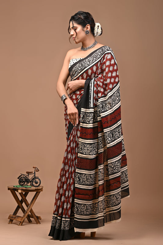 Printed Pure Cotton Mulmul Saree With Blouse