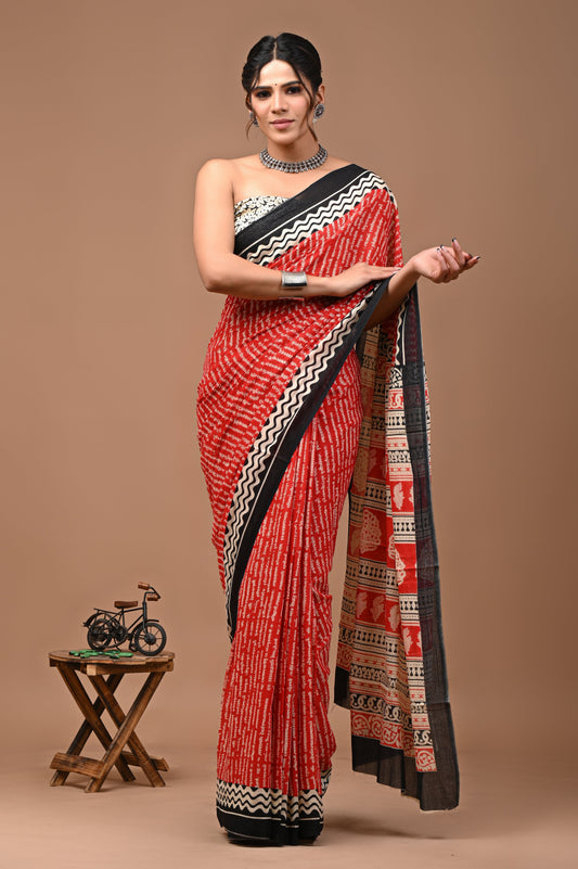 Printed Pure Cotton Mulmul Saree With Blouse